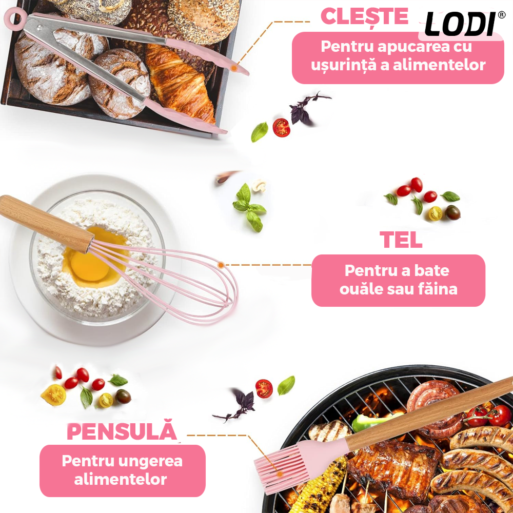 Set Ustensile Bucatarie 12 Piese Silicon Alimentar Lodi1496, termorezistente, antiaderente, sigure, suport inox, roz