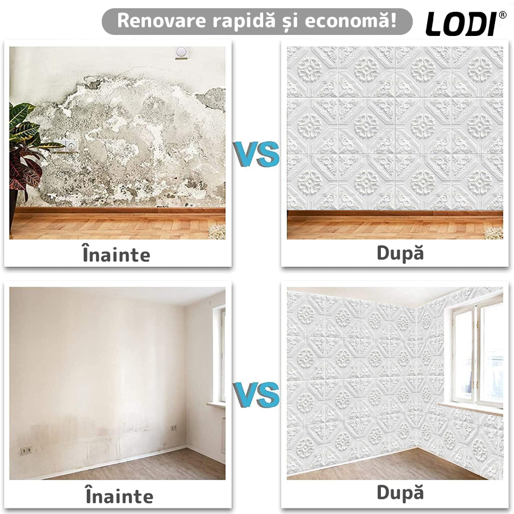 Set 10x Tapet 3D Lodi774, suprafata acoperire 4.9 mp, autoadeziv, Model Floral Carou, perete/tavan, waterproof, usor de montat, design modern, 70x70 cm, alb