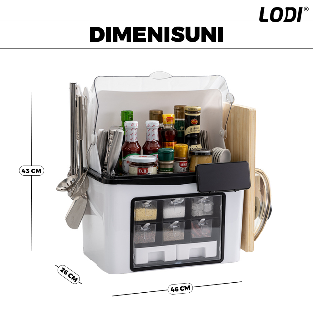 Organizator Multifunctional pentru Bucatarie Lodi483, suport sticle, rafturi pentru condimente, cuier pentru ustensile, suport cutite, 46 x 26 x 43 cm, alb