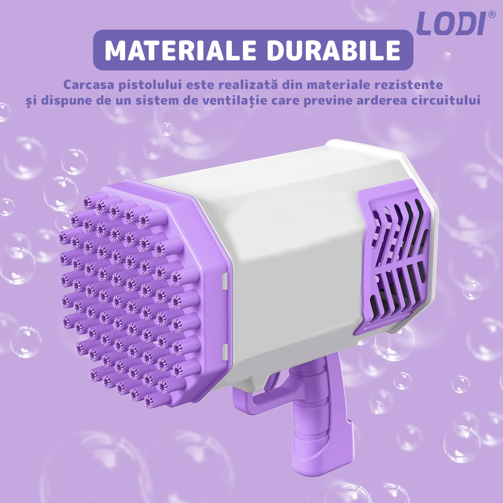 Pistol de Facut Baloane Bubble Gun Lodi1215, tip Bazooka, automat, 34 orificii pentru bule, alimentare cu baterii, mov/alb