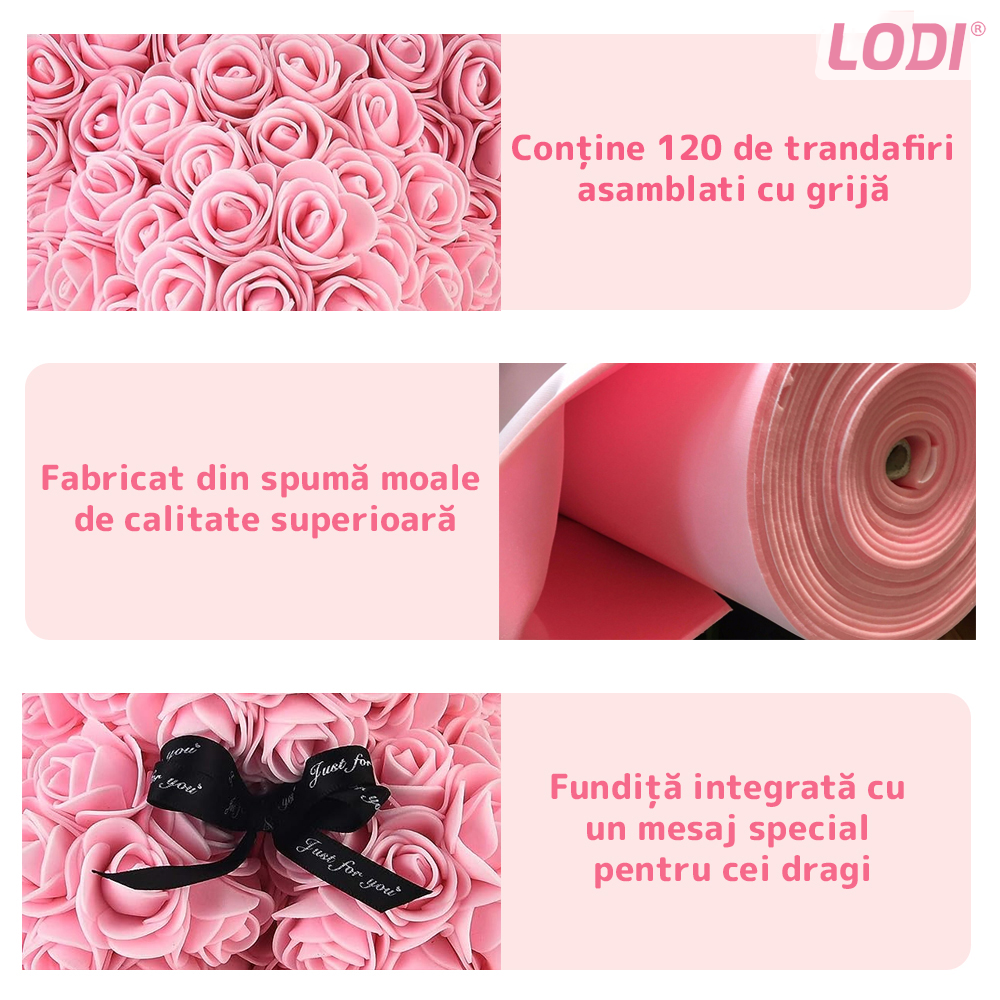 Ursulet din Trandafiri de Spuma Lodi331, floral roz, handmade, cutie transparenta, 25 cm