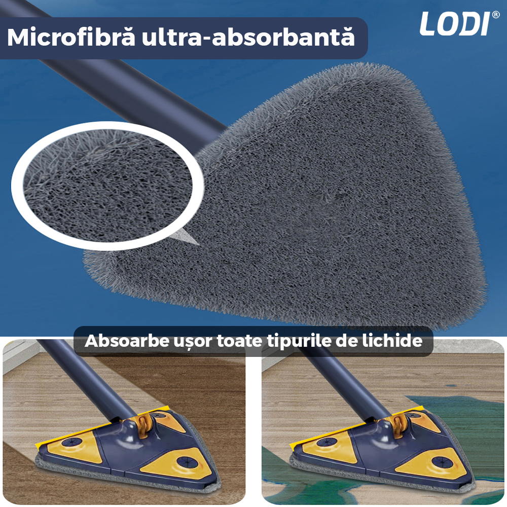 Mop cu Cap Triunghiular Lodi1143, rotire 360 grade, telescopic, curatare usoara, 5 lavete incluse, 127 cm, albastru/galben deschis