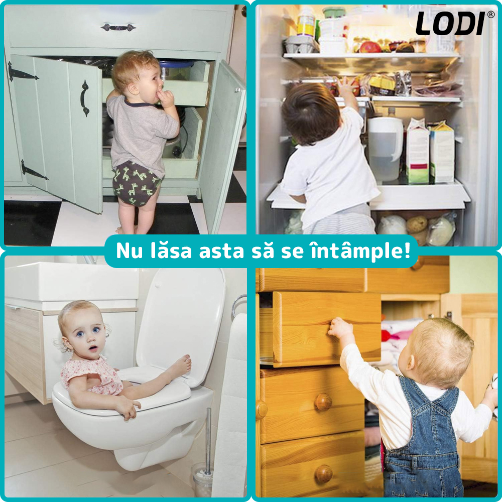 Set 7 x Siguranta Usi Copii Lodi1056, sistem de blocare usi/sertare/duapuri, ajustabile pe lungime, adeziv puternic, anti-deschidere accidentala, transparent