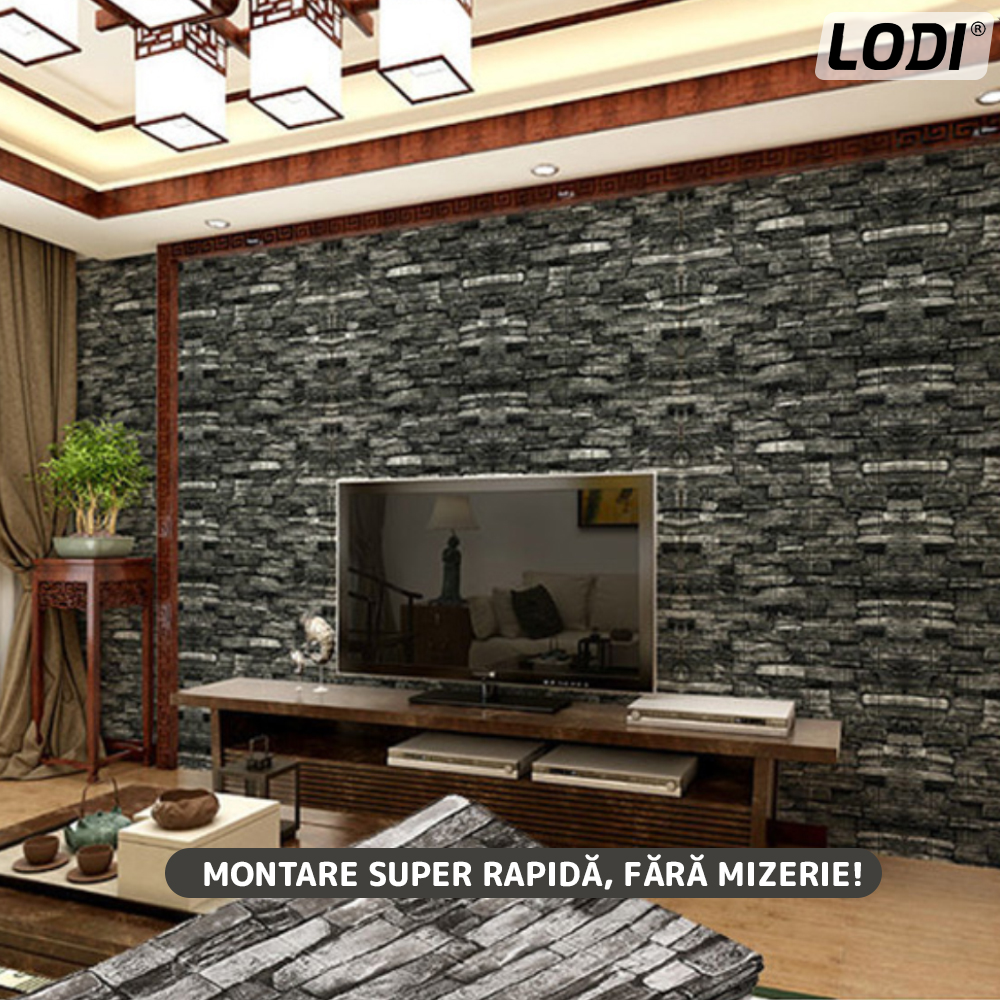 Set Tapet Caramida 3D Lodi82, Model Piatra Naturala, suprafata acoperire 5.3 mp,autoadeziv, waterproof, usor de montat, design modern, 70x77 cm, gri inchis