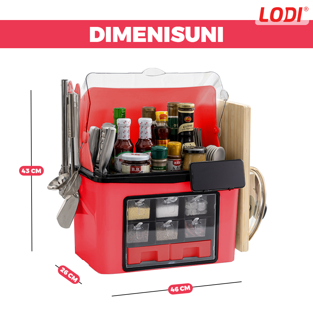 Organizator Multifunctional pentru Bucatarie Lodi484, suport sticle, rafturi pentru condimente, cuier pentru ustensile, suport cutite, 46 x 26 x 43 cm, rosu