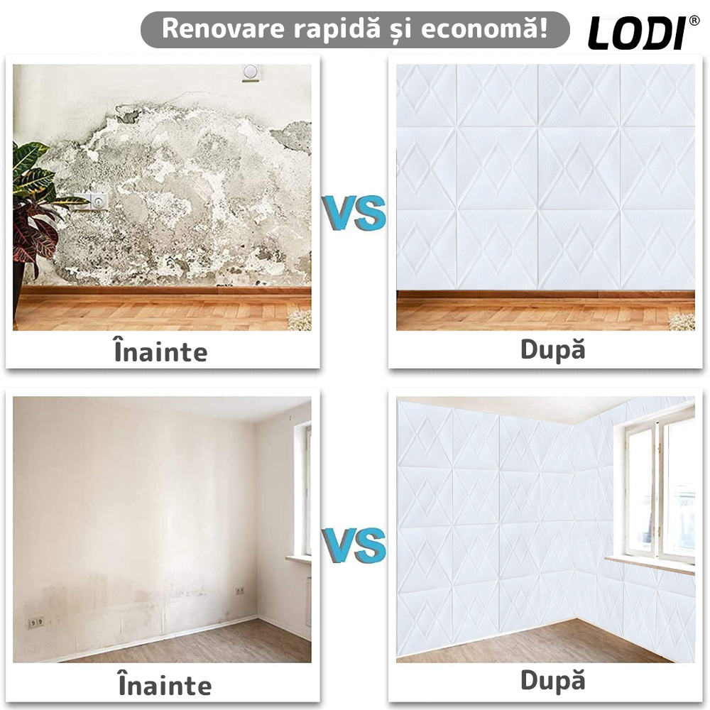 Set 10x Tapet 3D Lodi842, suprafata acoperire 4.9 mp, autoadeziv, Model Romburi, perete/tavan, waterproof, usor de montat, design modern, 70x77 cm, alb