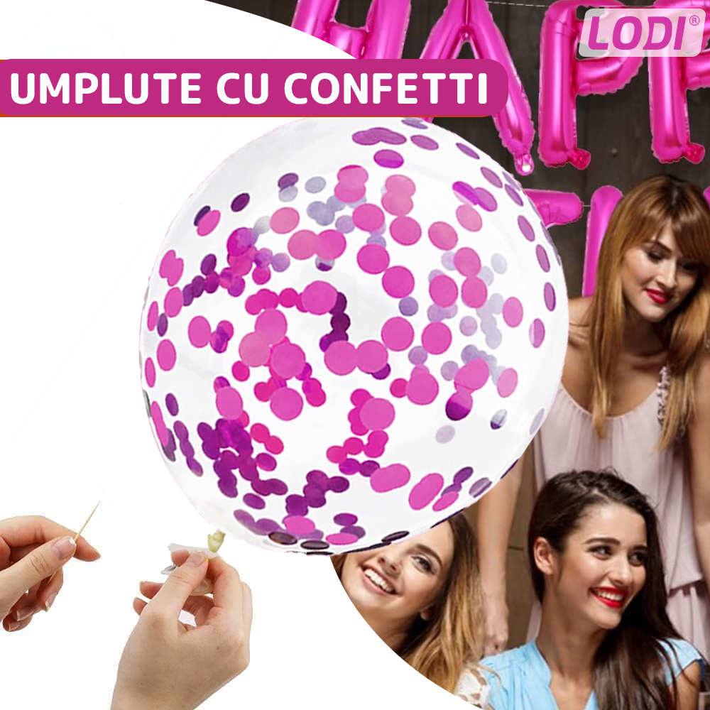 Set 25 Baloane Lodi755, Litere, pentru Petreceri/Aniversari/Evenimente, confetti, inimioare, model HAPPY BIRTHDAY, roz