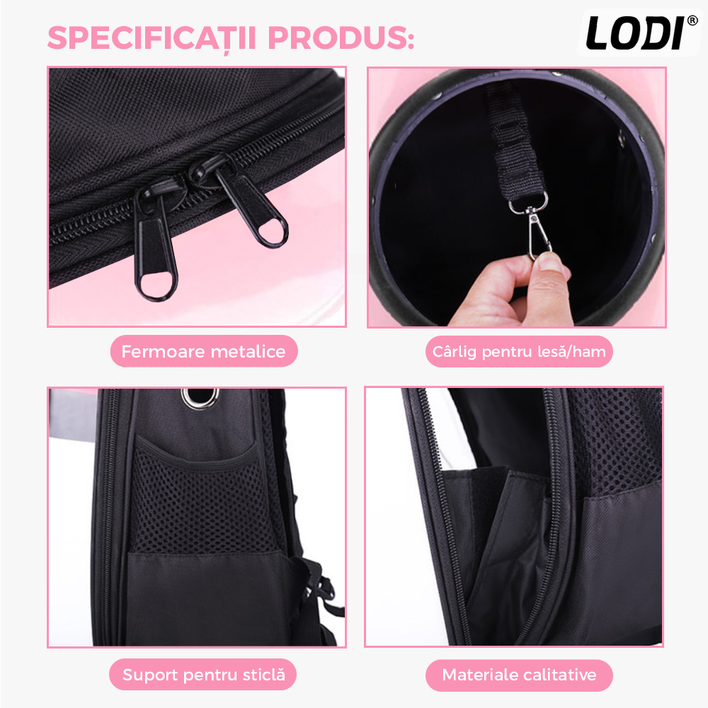 Rucsac Transport Animale Lodi23, greutate Max 7kg, hublou transparent, buzunar lateral, accesorii incluse, pentru talie mica, roz