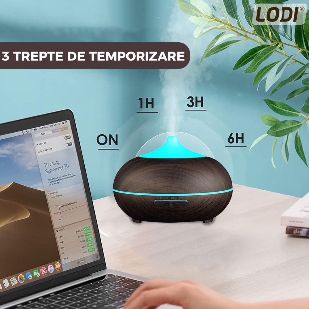 Difuzor Aromaterapie Lodi212, 7 culori LED, 2 jocuri de lumini, control prin telecomanda, capacitate 500ml, silentios, umidifica aerul, stejar inchis