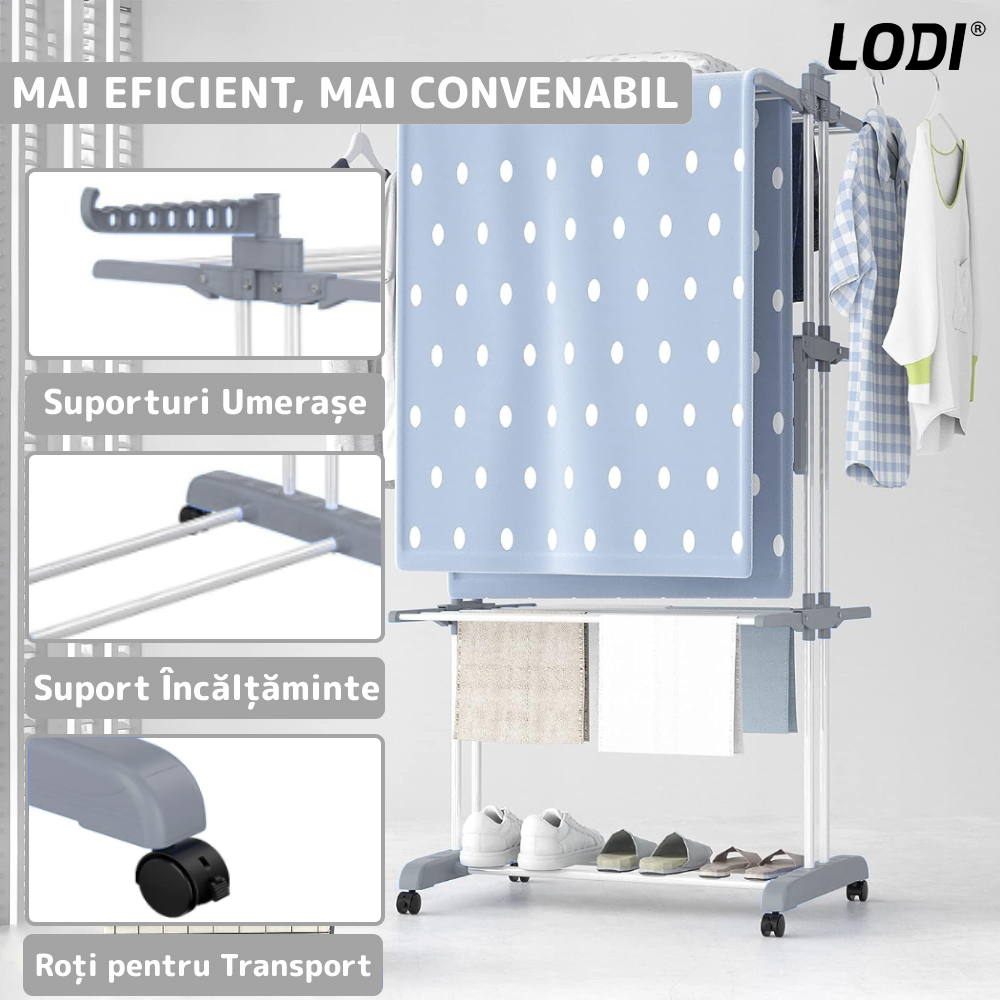 Uscator Vertical pentru Rufe si Haine Lodi1512, 3 niveluri, mobil, pliabil, pentru spatii mici, suport umerase, cadru rezistent, inaltime 175cm, gri