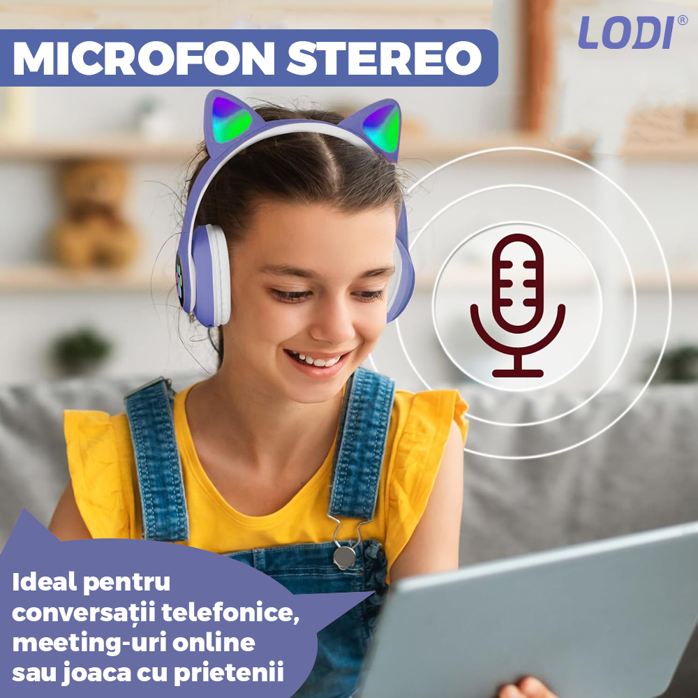 Casti Wireless Model Pisica Lodi946, STN-28, overear, urechi de pisica cu iluminare RGB, bluetooth 5.0, handsfree, HiFi, bass stereo, albastru