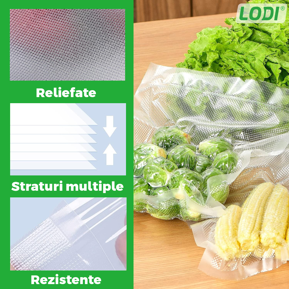 Set de Role Folii pentru Vidat Universale Lodi, 5m x 17cm, compatibile cu orice aparat de vidat, gofrate, reutilizabile, rezistente la caldura, transparente