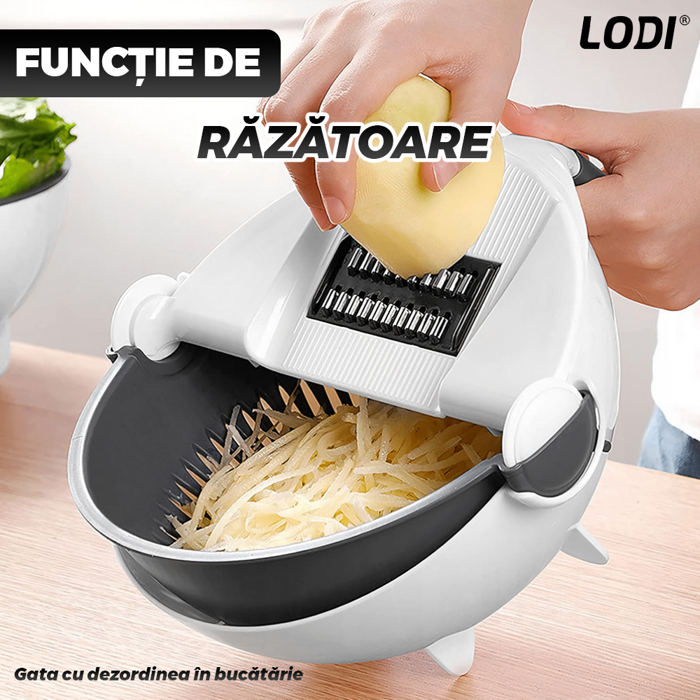 Strecuratoare 2 in 1 Lodi1453, razatoare incorporata, bol de scurgere, rotire 360°, 7 lame diferite, maner anti-alunecare, curatator de legume si fructe inclus, alb/negru