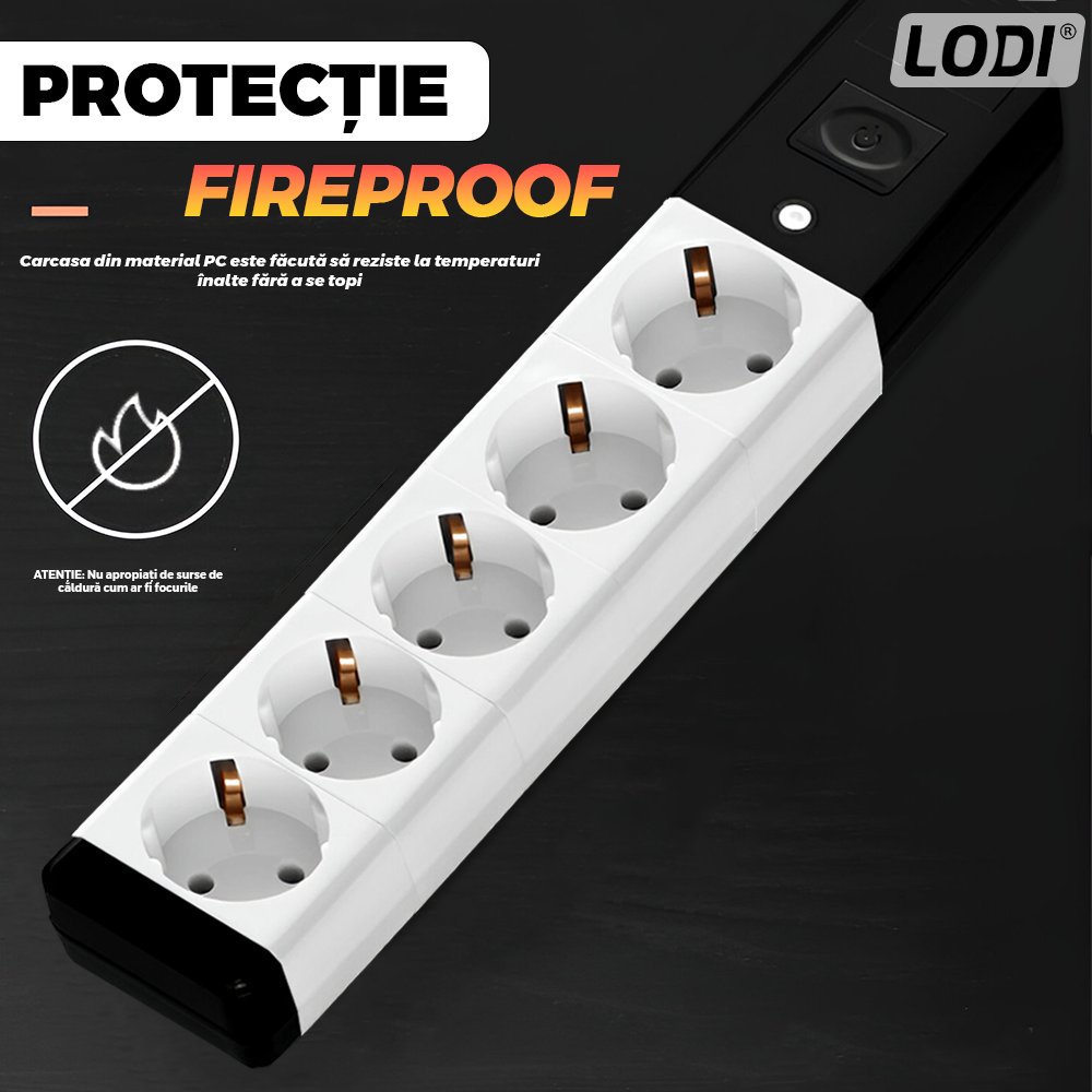 Prelungitor Lodi1281, 5 prize, intrerupator, suport de agatare incorporat, rezistent la temperaturi inalte, universal, lungime 5 metri, negru/alb