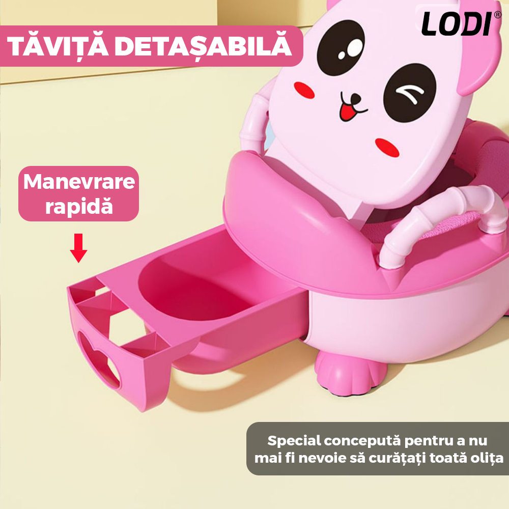 Olita Educationala Lodi661, model panda, imita toaleta, capac cu urechiuse, recipient detasabil, confortabila, roz