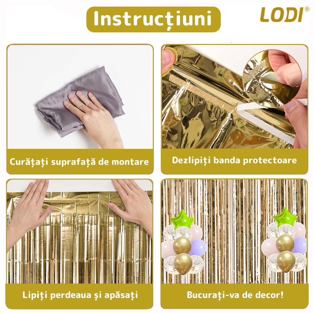 Set 2 Bucati Perdea Decorativa Lodi323, din folie auriu metalizat, pentru petreceri aniversare