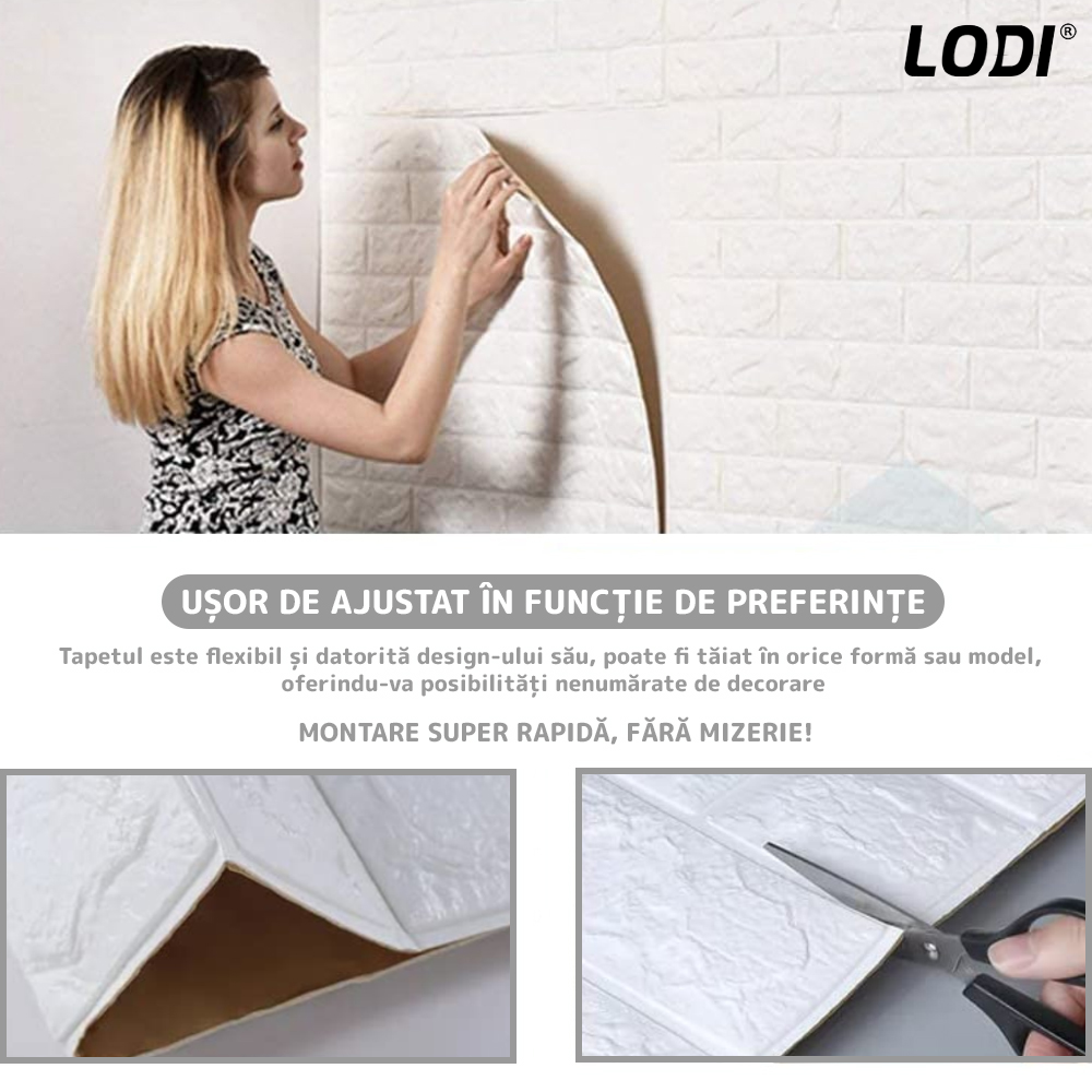 Set Tapet Caramida 3D Lodi51, suprafata acoperire 5.3 mp, autoadeziv, waterproof, usor de montat, design modern, 70x77 cm, alb