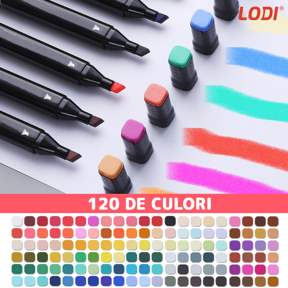 Set 120 Markere Lodi18, geanta de depozitare inclusa, 2 tipuri de varf, pe baza de alcool, culori intense, multicolor