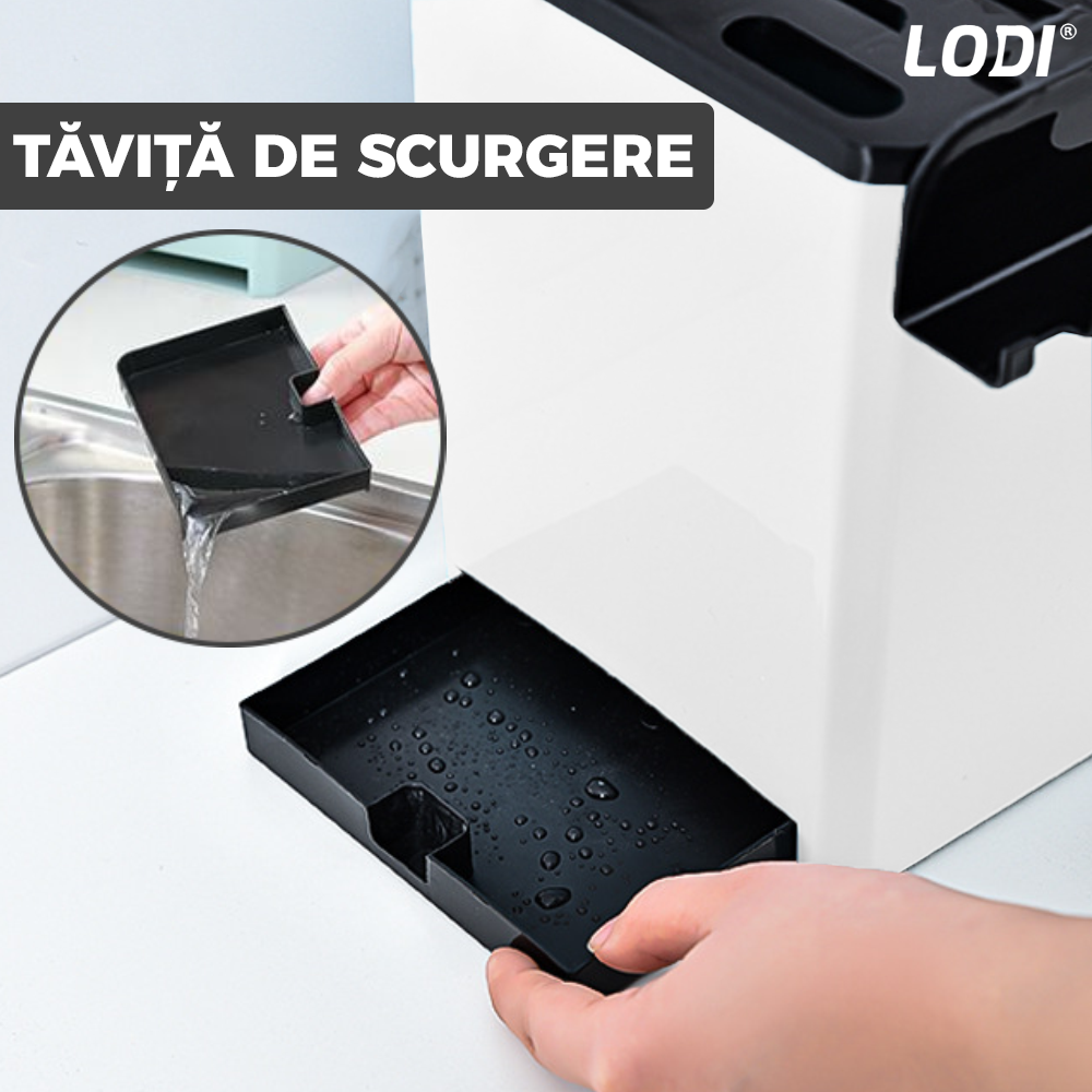 Organizator Multifunctional pentru Bucatarie Lodi534, 4 Compartimente, raft condimente, suport detasabil telefon, tavita de scurgere, suport tacamuri/ustensile, alb