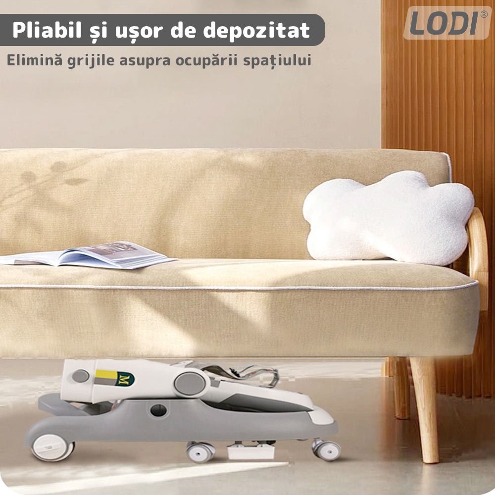 Premergator Multifunctional pentru Bebelusi Lodi637, tava cu 3 jucarii, muzica, reglabil, pliabil, greutate max 20kg, 6-36 luni, gri deschis