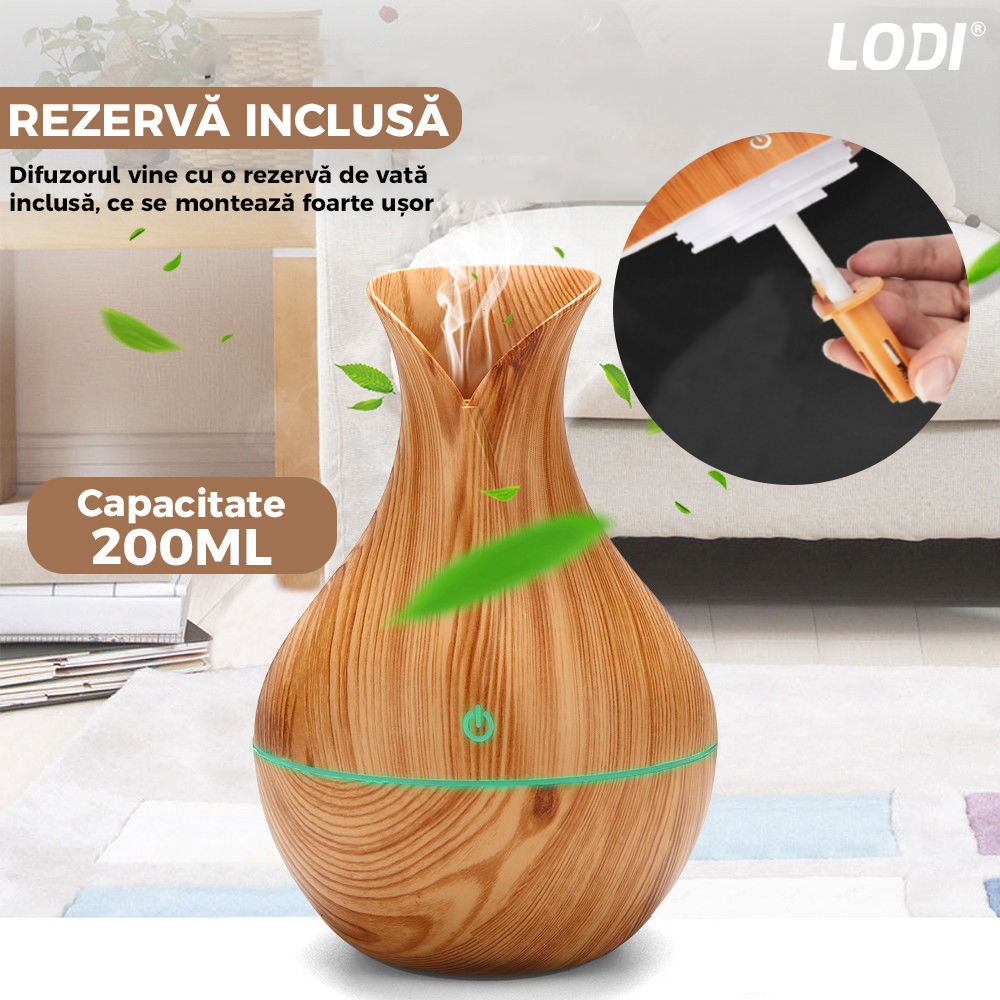 Difuzor Aromaterapie Lodi219, lumini ambientale, control tactil, capacitate 200ml, silentios, rezerva inclusa, alimentare USB, umidifica aerul, stejar deschis