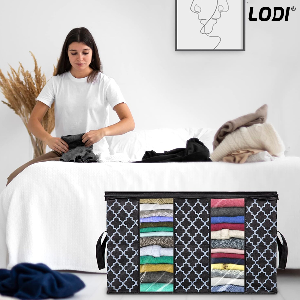 Set 3 Cutii pentru Depozitare si Organizare Lodi723, pliabile, maner ranforsat si fereastra transparenta, pliabile, pentru haine/paturi/ plapumi/ perne/ lenjerii de pat/jucarii, 100L, 63x 45x 36 cm, negru