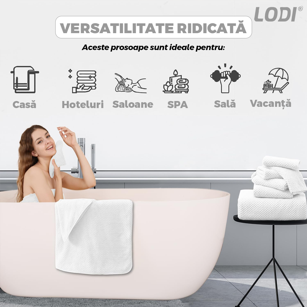 Prosop de baie si de fata Lodi, pentru uz rezidential/hotel/calatorii, densitate 420g/m², model egiptean, bumbac 100%, dimensiuni 30x50 cm, alb