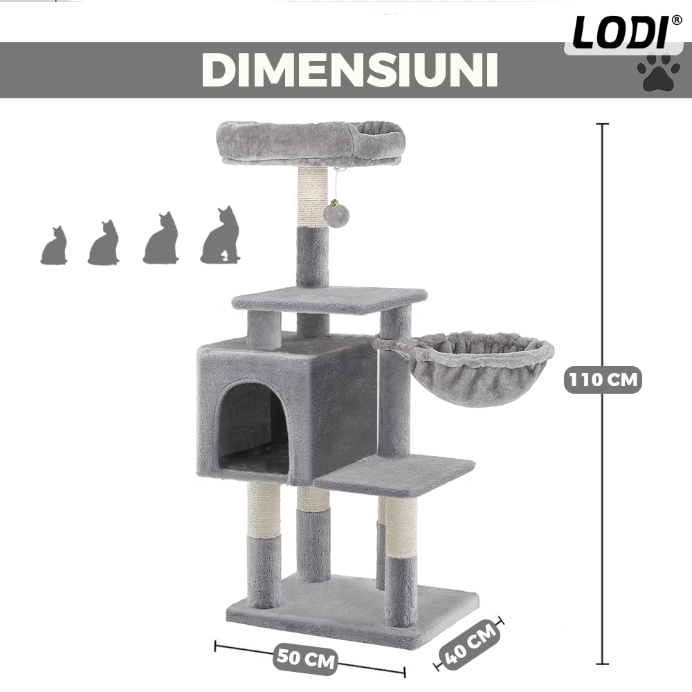 Ansamblu de Joaca pentru Pisici Lodi320, cu 3 platforme de observatie, 3 niveluri, 1 casuta, franghie si minge de joaca, stalpi pentru zgariat, captuseala extra moale, structura stabila, 110 cm, gri