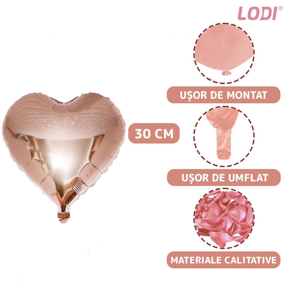 Set 25 Baloane Lodi754, Litere, pentru Petreceri/Aniversari/Evenimente, confetti, inimioare, model HAPPY BIRTHDAY, rose gold