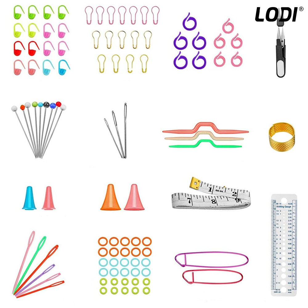 Set Profesional de Crosetat Lodi664, 100 de piese, 12 andrele subtiri argintii, 10 andrele groase multicolore, foarfeca, rigla si accesorii pentru tricotat, husa de depozitare, albastru