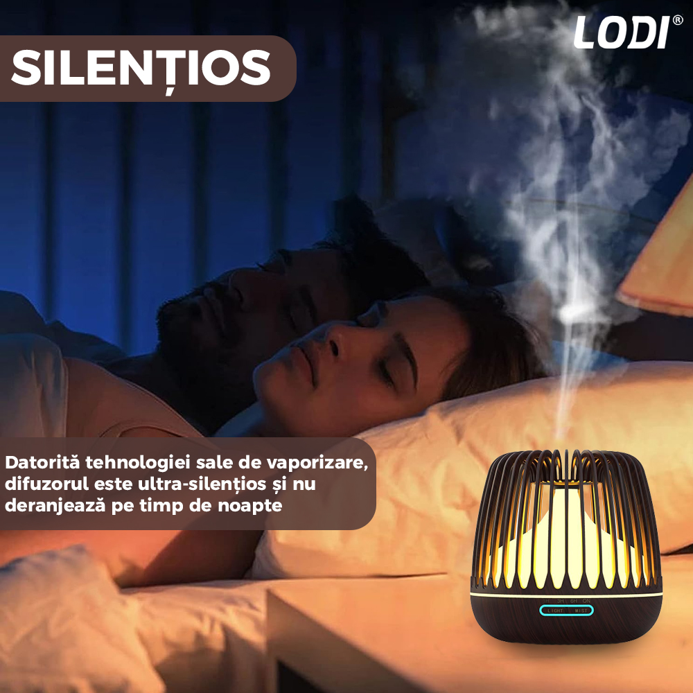 Difuzor Aromaterapie Lodi222, lumini ambientale, control manual, 3 trepte de temporizare, capacitate 500ml, silentios, umidifica aerul, stejar inchis