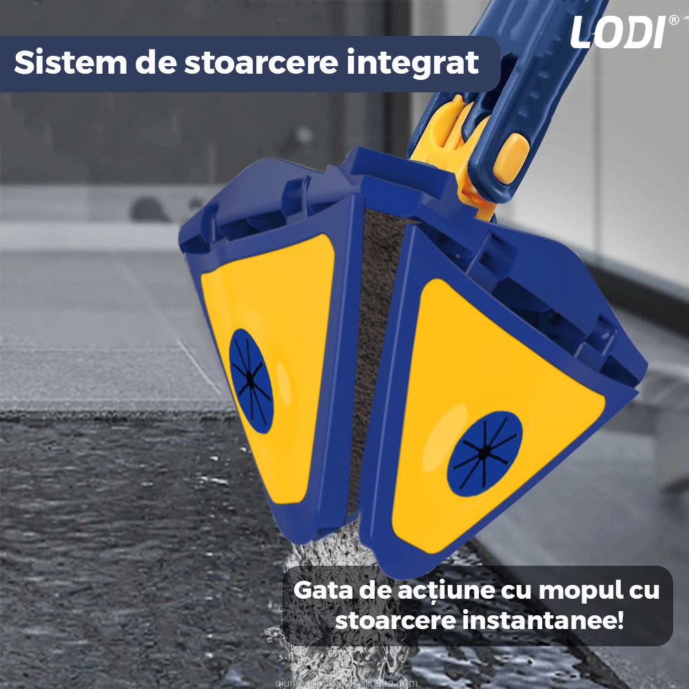 Mop cu Cap Triunghiular Lodi1145, rotire 360 grade, telescopic, curatare usoara, 2 lavete incluse, 127 cm, albastru/galben deschis
