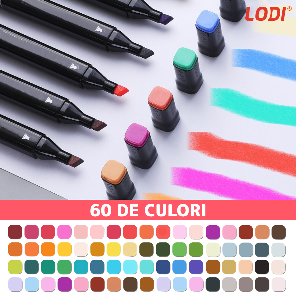 Set 60 Markere Lodi16, geanta de depozitare inclusa, 2 tipuri de varf, pe baza de alcool, culori intense, multicolor