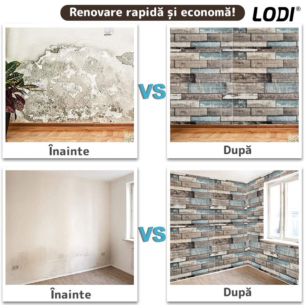 Set 10x Tapet Caramida 3D Lodi1091, Model Lemn, suprafata acoperire 4.9 mp, autoadeziv, waterproof, usor de montat, design modern, 70x70 cm, maro verde