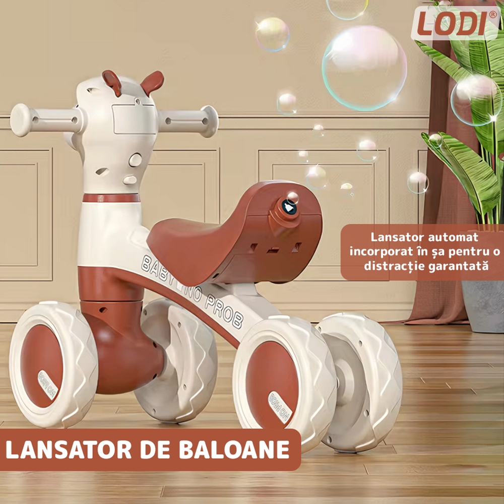 Bicicleta cu 4 Roti fara Pedale Oita Lodi1101, structura stabila, cap luminos, functie cu muzica, lansator de baloane incorporat, 80 x 58 x 51 cm, 1-3 ani, maro