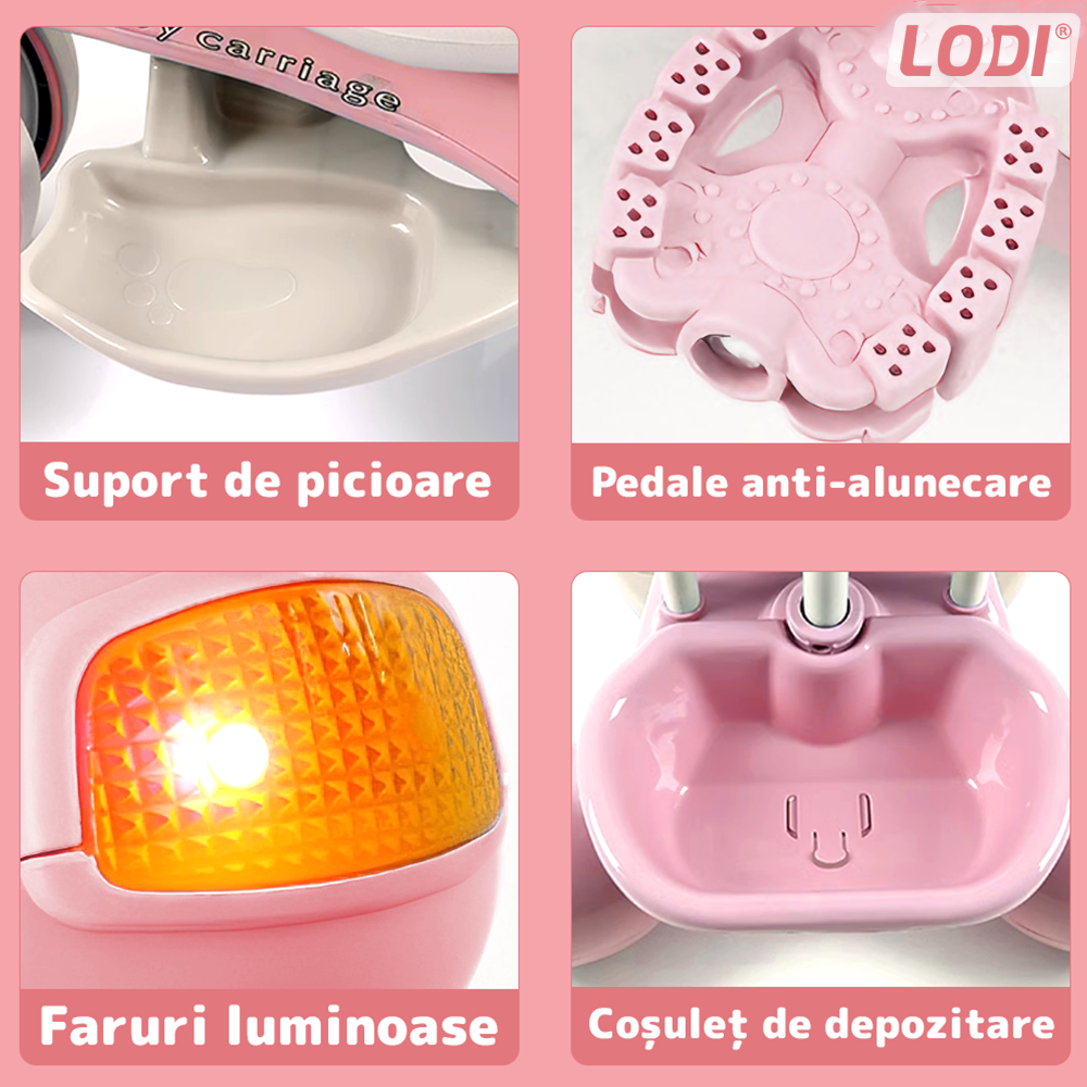 Tricicleta Multifunctionala Lodi1105, structura stabila, pedale anti-derapante, suport picioare, cosulet pe spate, spatar detasabil, parasolar, muzica incorporata, roz