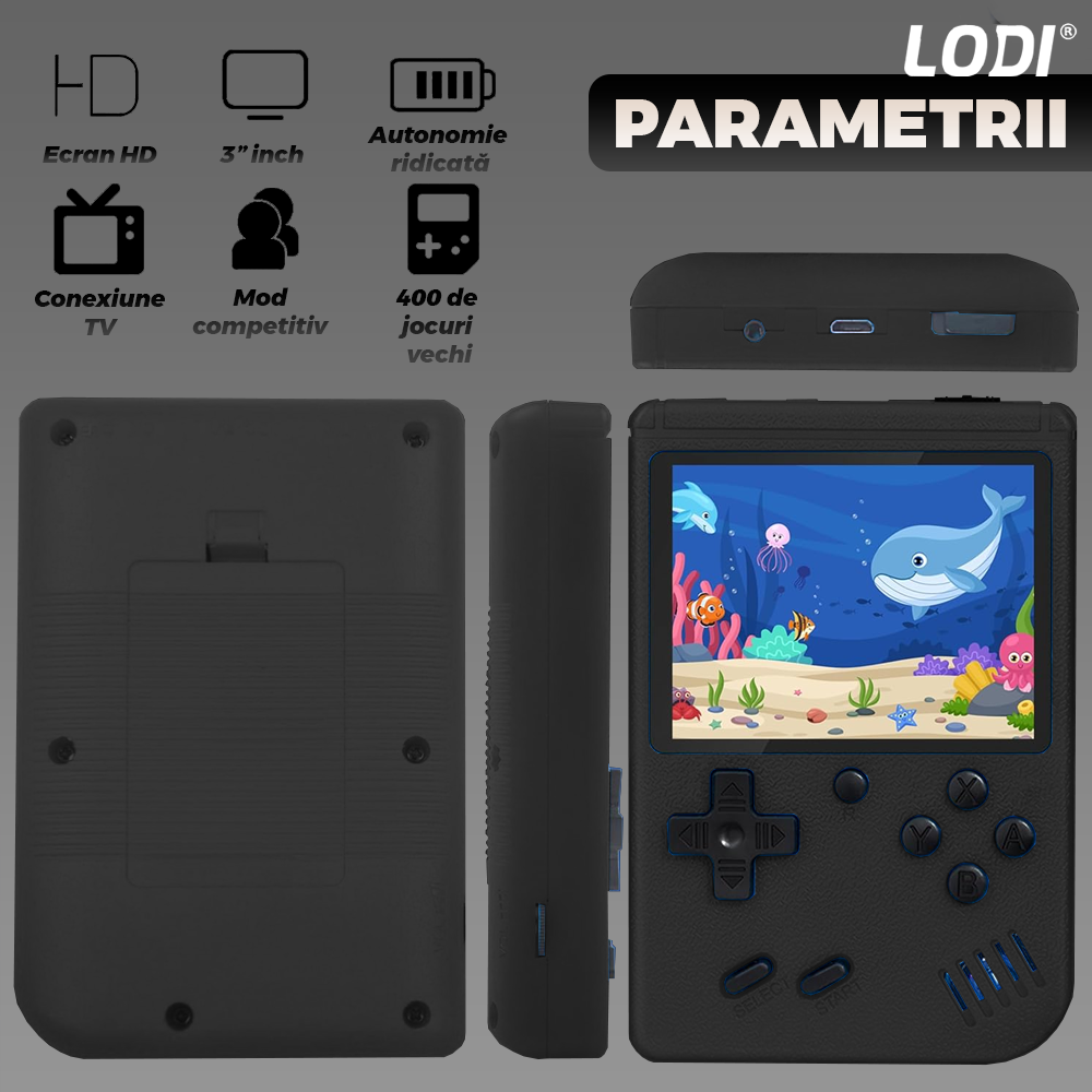 Mini Consola Jocuri Retro Game Box Lodi1502, SR-90, 400 in 1, maneta 2nd player inclusa, rotita volum, portabila, cablu AV, incarcare USB-MINI, autonomie ridicata, 11x8 cm, alb