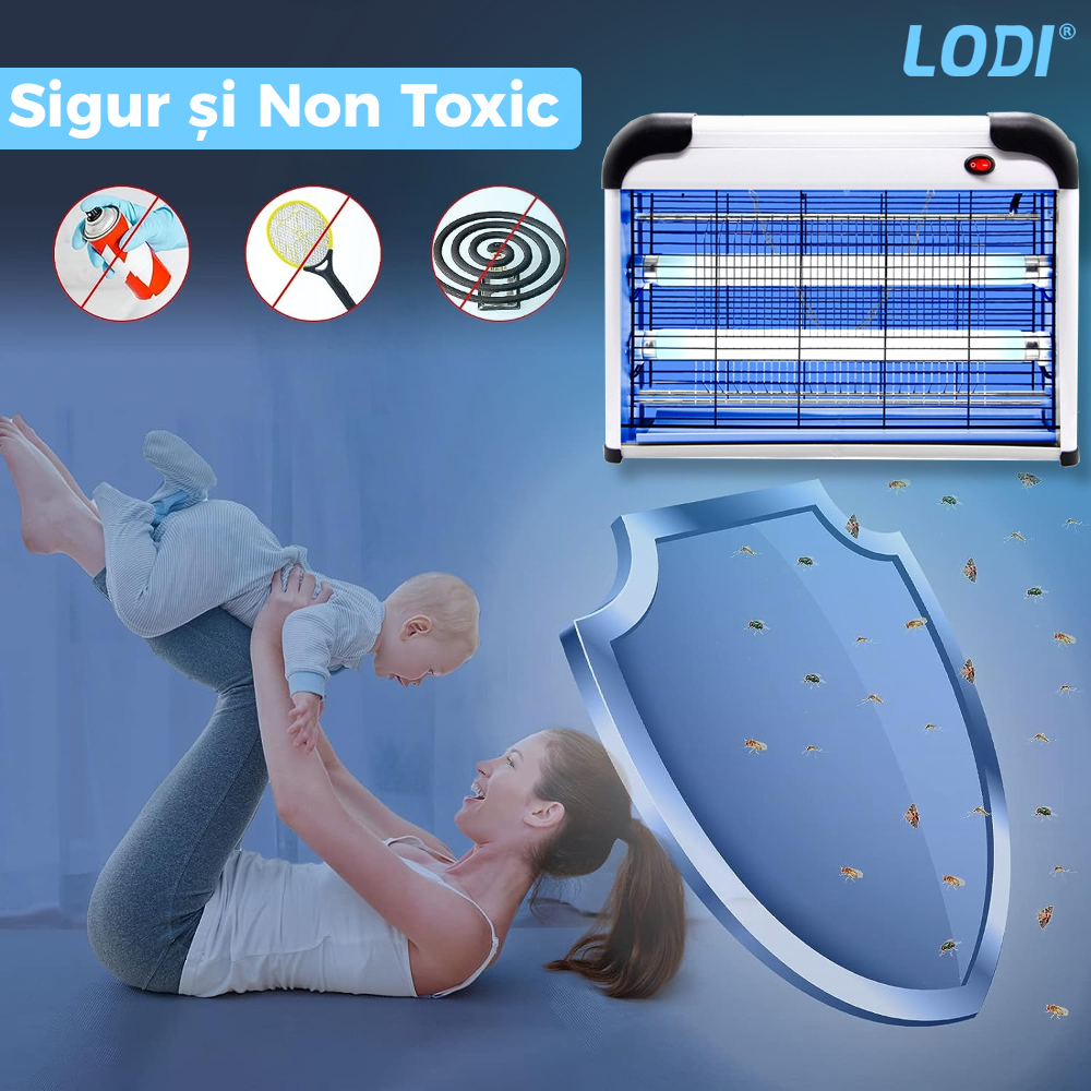 Aparat Electric Anti-Insecte Lodi1170, 4W, Insectocutor cu 2x tuburi ultraviolete, raza de actiune 200 m², unghi de propagare 360º, design modern, alb/negru