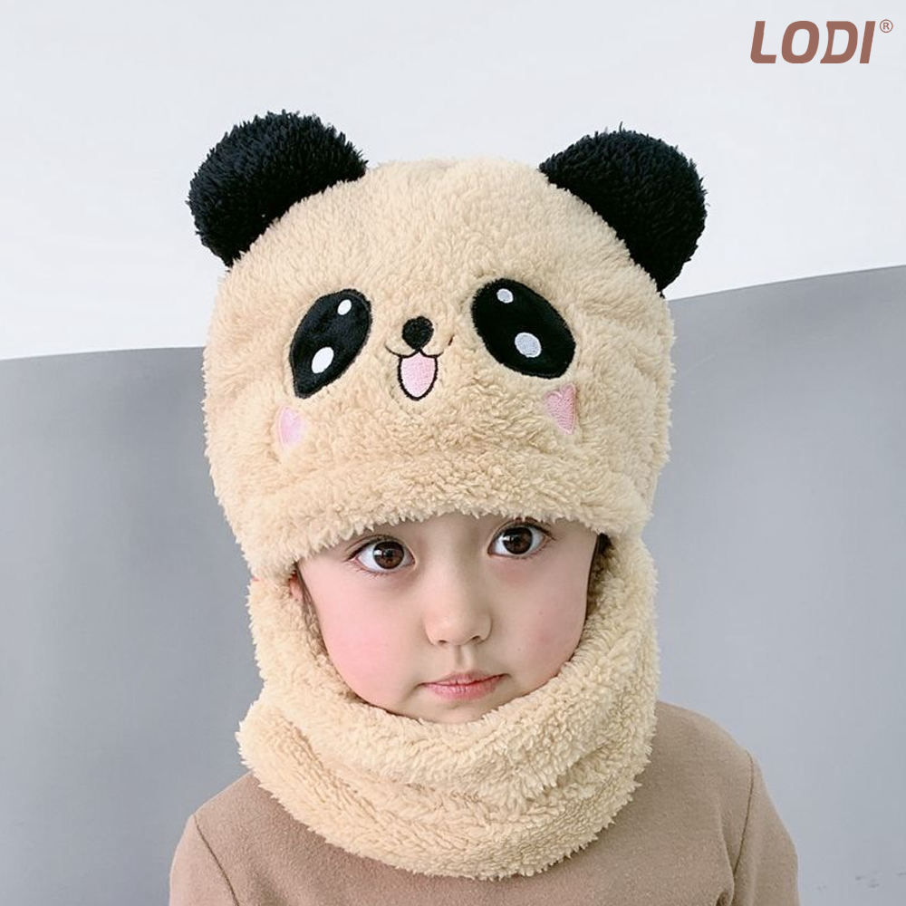 Caciula Pentru Copii Tip Cagula Lodi519, 2 in 1, tematica lumea animalelor, model ursulet panda zambitor, 1-5 ani, bej