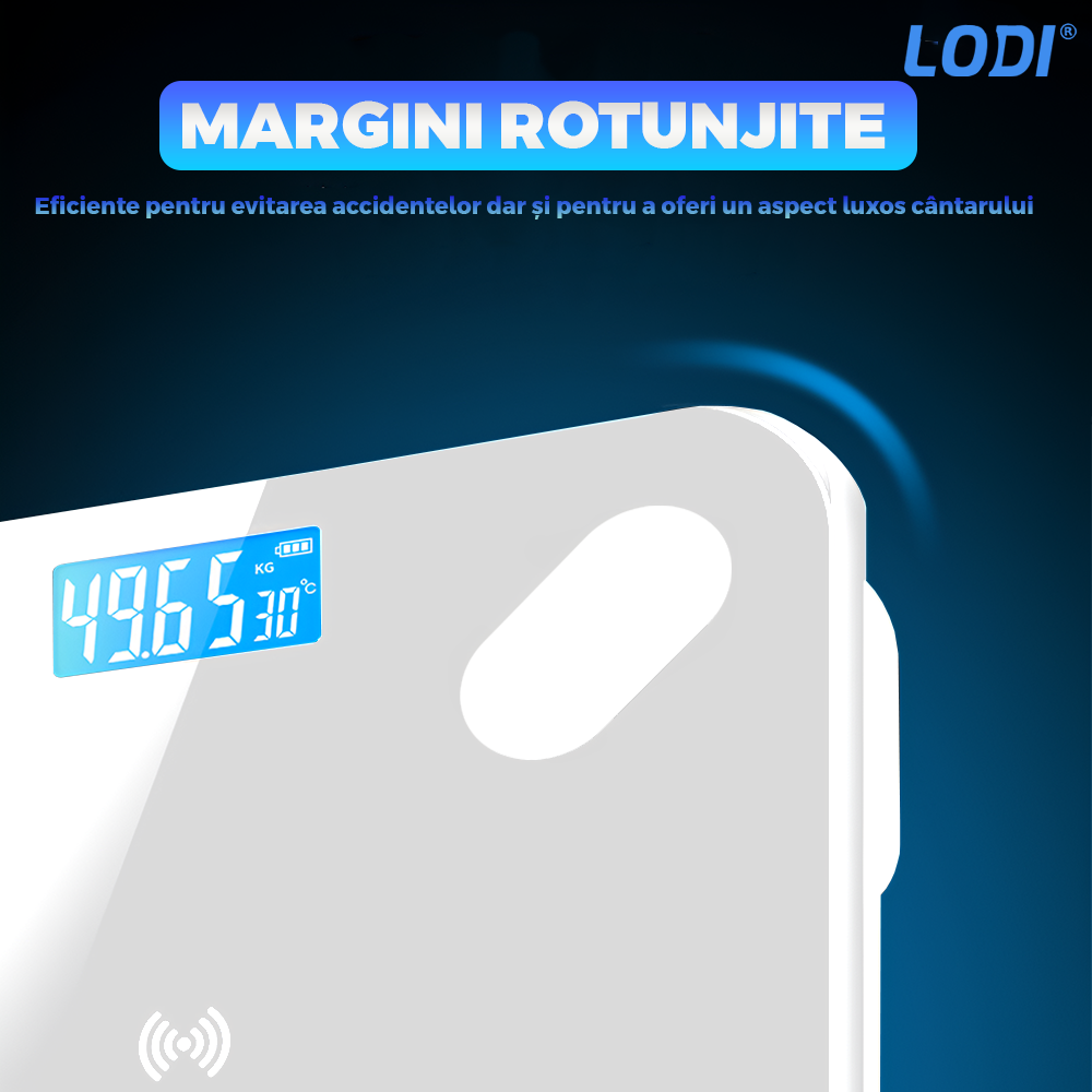Cantar Electronic Inteligent Lodi127, pentru baie, corporal, aplicatie smart, indicator greutate/baterie/temperatura, conectare bluetooth, afisaj digital, greutate maxima suportata 180 kg, baterii incluse, alb