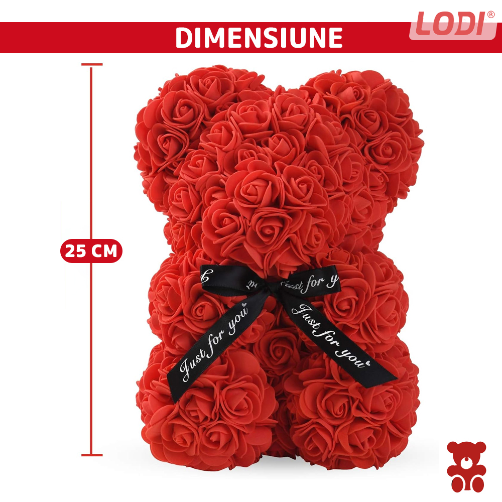 Ursulet din Trandafiri de Spuma Lodi330, floral rosu, handmade, cutie transparenta, 25 cm