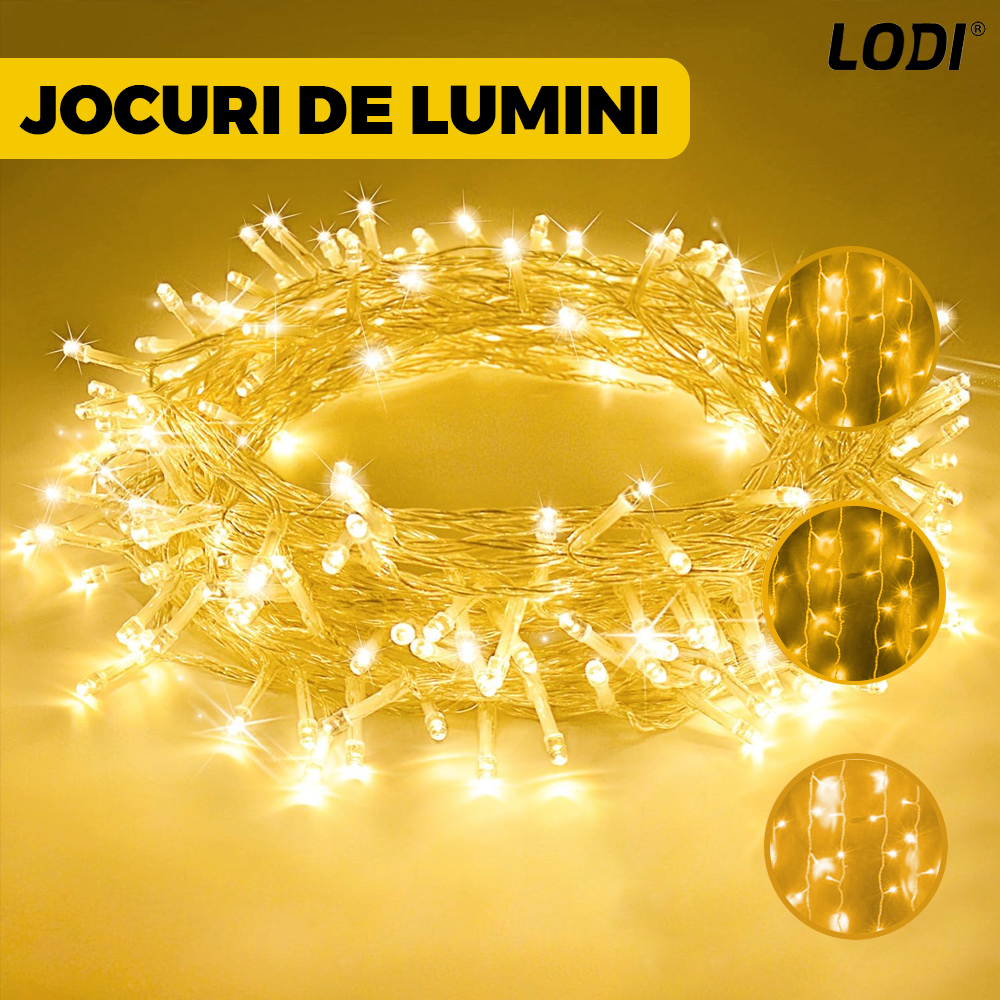 Instalatie de Craciun Perdea Lodi1439, 3x3 m, 8 jocuri de lumini, alimentare la priza, fir alb, interior/exterior, rezistenta la apa, 300 LED-uri, alb cald