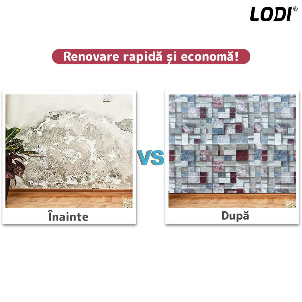 Set Tapet Caramida 3D Lodi®, Model Piatra Mozaic, autoadeziv, waterproof, usor de montat, design modern, 70x77 cm, multicolor