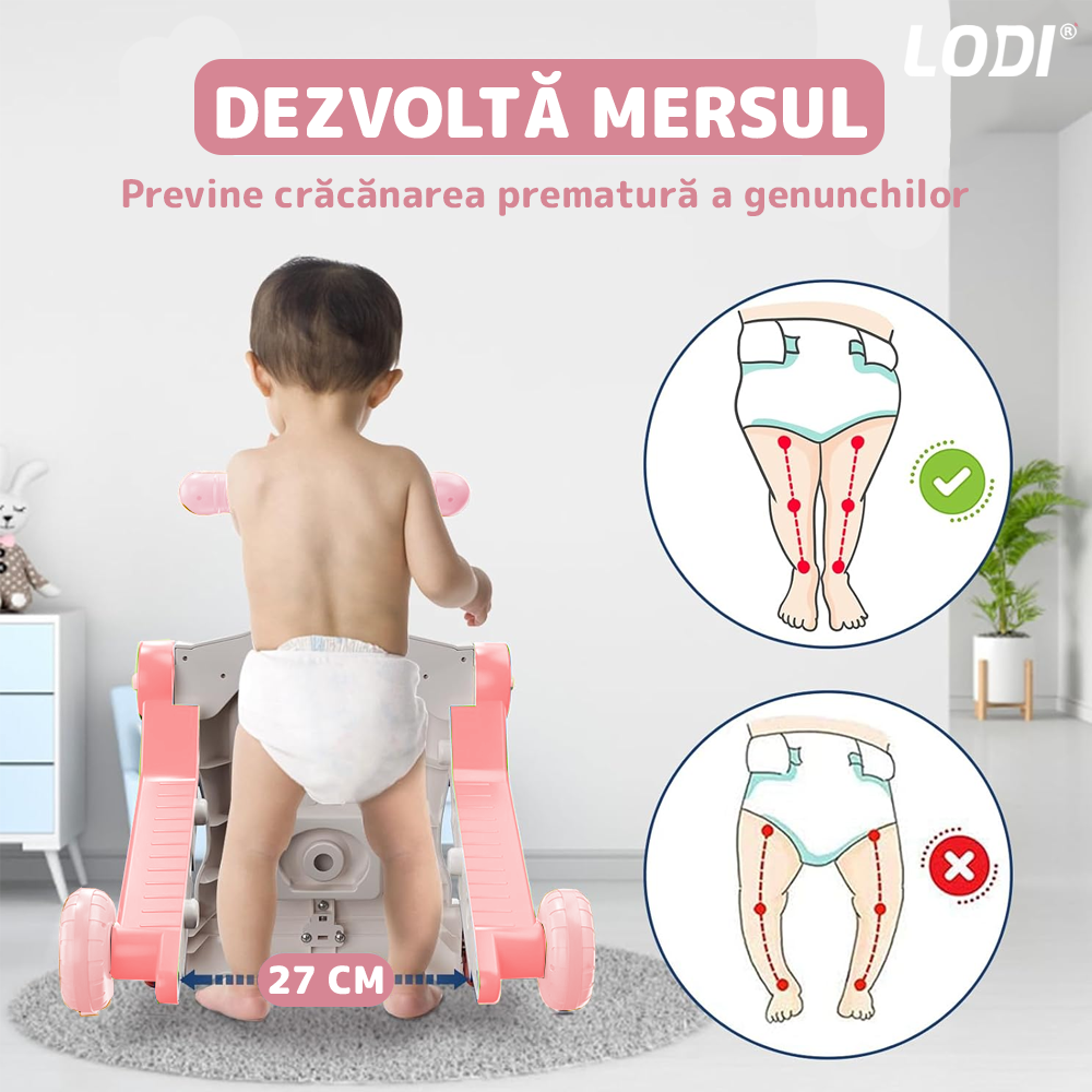 Antemergator Multifunctional 2in1 Lodi645, centru de activitati si joaca, telecomanda detasabila cu 15 melodii, masuta educativa cu 4 picioruse incluse, panou pentru invatarea numerelor si formelor, lumini si sunete, roz