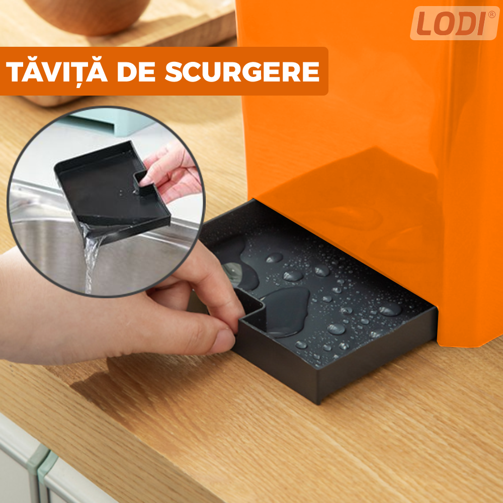 Organizator Multifunctional pentru Bucatarie Lodi601, 6 Compartimente, raft condimente, suport detasabil telefon, tavita de scurgere, suport tacamuri/ustensile, portocaliu