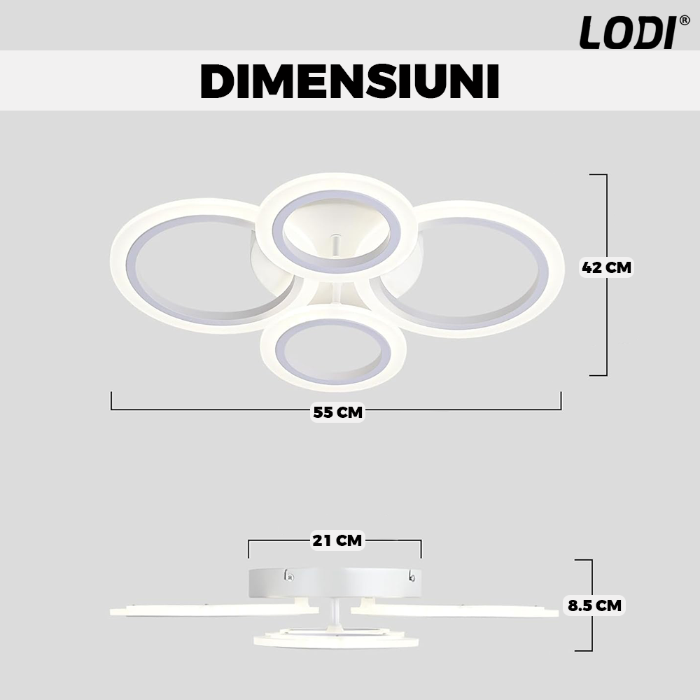 Lustra LED 4 Cercuri Lodi425, dimabila cu telecomanda, 3 tipuri de lumina, intensitate ajustabila, lumina alba rece, neutra, alba cald, putere 110 W, 55 cm