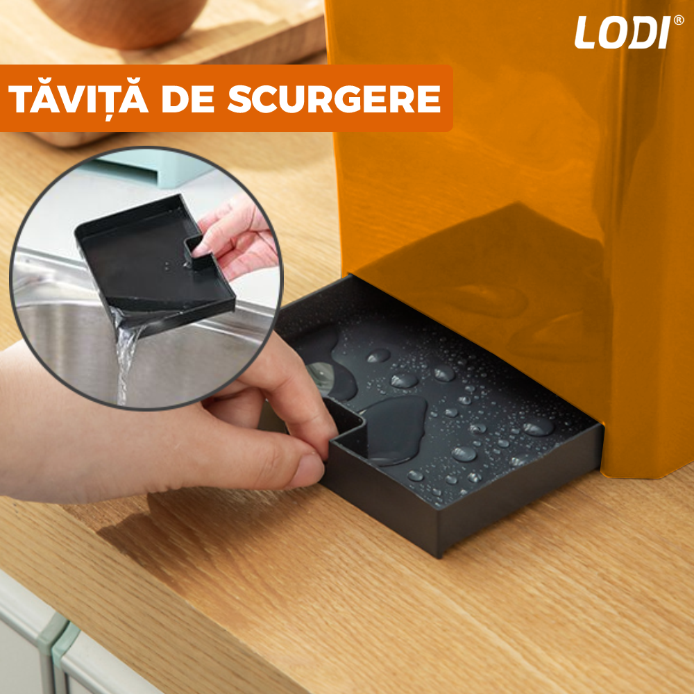 Organizator Multifunctional pentru Bucatarie Lodi603, 4 Compartimente, raft condimente, suport detasabil telefon, tavita de scurgere, suport tacamuri/ustensile, portocaliu