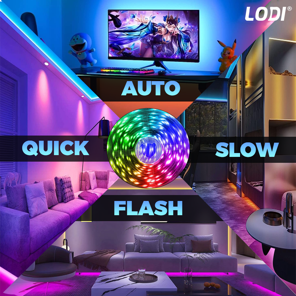 Kit Banda LED RGB Lodi453, inteligenta cu intensitate de lumina si culori reglabile, control prin telecomanda cu 44 taste, 5050RGB, utilizare exterior IP20, 5 m, multicolora