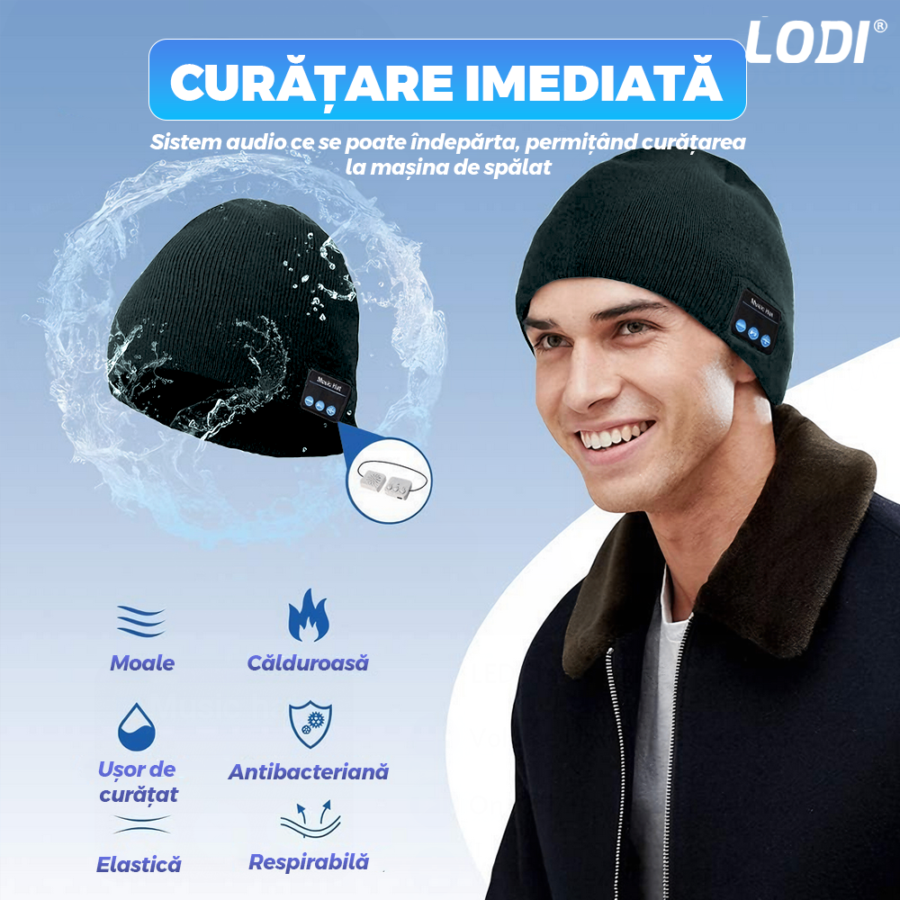 Caciula Bluetooth Unisex Lodi1493, hands-free, microfon, difuzoare stereo incorporate, sistem audio detasabil, curatare usoara, comoda, pentru alergare/drumetii, gri inchis