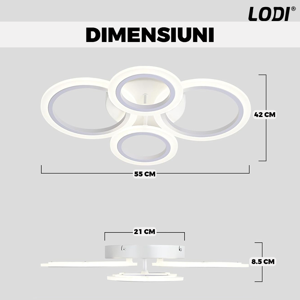 Lustra LED 6 Cercuri Lodi426, dimabila cu telecomanda, 3 tipuri de lumina, intensitate ajustabila, lumina alba rece, neutra, alba cald, putere 160 W, 55 cm